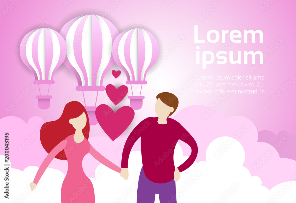 Couple Hold Hands Over Air Balloons In Pink Sky Background With Copy Space Valentine Day Banner Flat Vector Illustration Couple Hold Hands Over Air Balloons In Pink Sky Background With Copy Space Valentine Day Banner Flat Vector Illustration