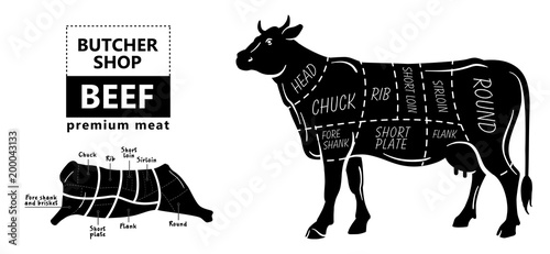Cut of beef set. Poster Butcher diagram - Cow. Vintage typographic hand-drawn. Vector illustration
