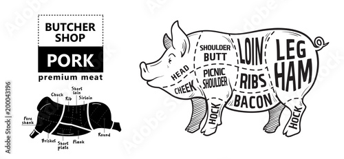 Cut of meat set. Poster Butcher diagram, scheme and guide - Pork. Vintage typographic hand-drawn on a black chalkboard background. Vector illustration