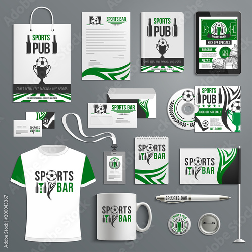 Corporate identity of sport bar with beer, ball