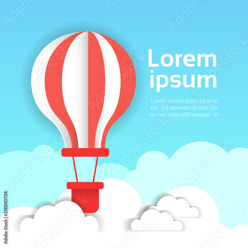 Colorful Air Balloon Over White Clouds Background With Copy Space Flat Vector Illustration