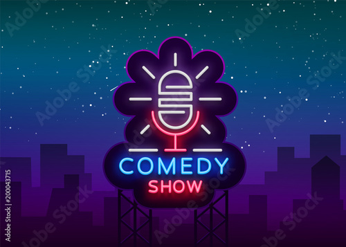 Comedy Show Stand Up invitation is a neon sign. Logo, Emblem Bright flyer, light poster, neon banner, brilliant night commercials advertisement, card, postcard. Vector illustration