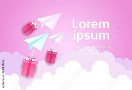 Paper Plane In Sky Over Pink Clouds And Gift Boxes Background Valentine Day Concept Flat Vector Illustration