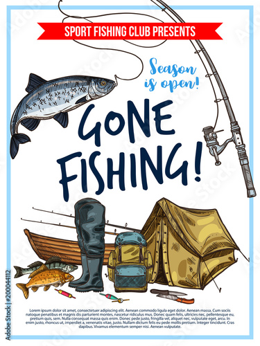 Fishing poster with fish and fisherman equipment