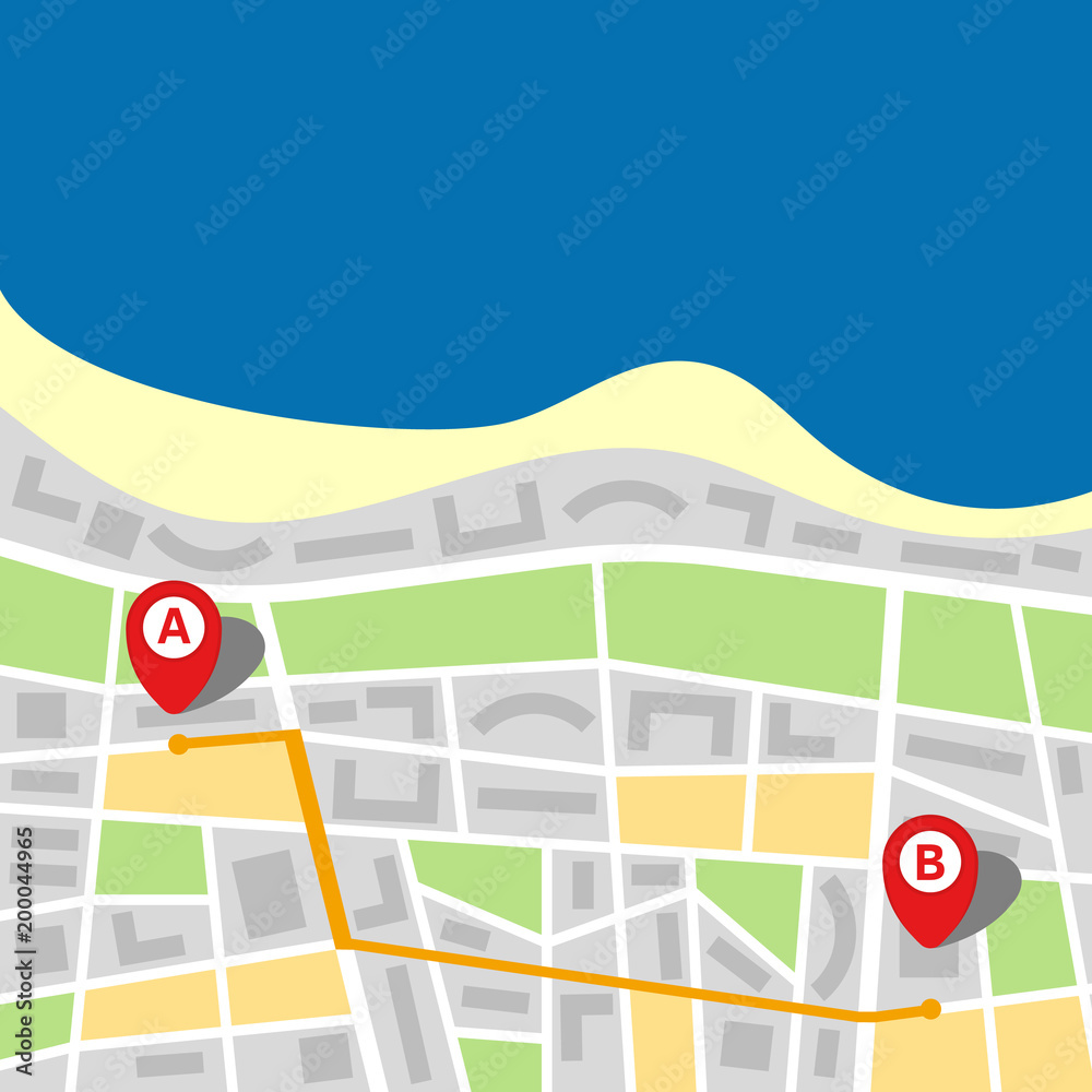 City map of an imaginary city with sea and route from point A to point B. Vector illustration.
