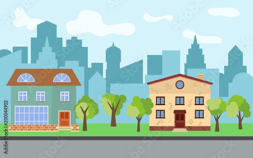 Vector city with two two-story cartoon houses and green trees in the sunny day. Summer urban landscape. Street view with cityscape on a background 