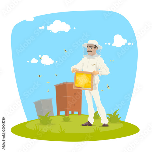 Beekeeper with honeycomb frame and honey icon