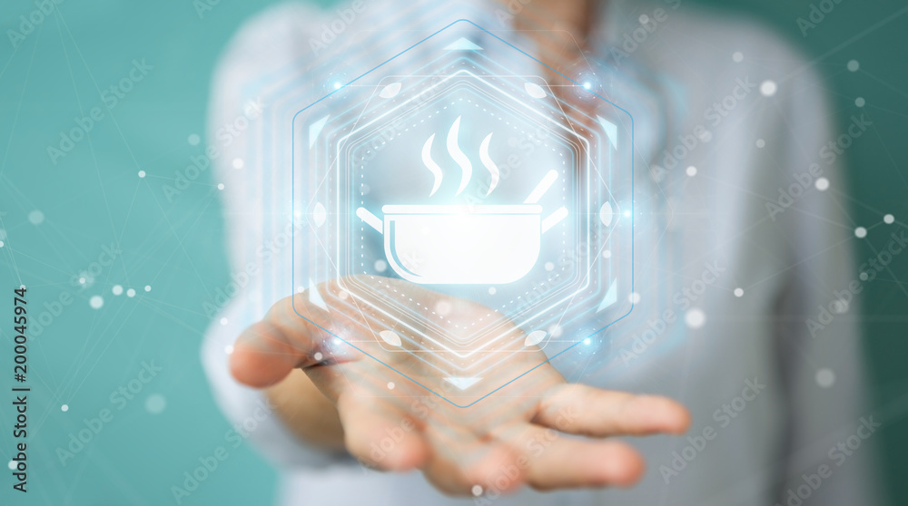 Businesswoman using application to order home made food online 3D rendering Businesswoman using application to order home made food online 3D rendering