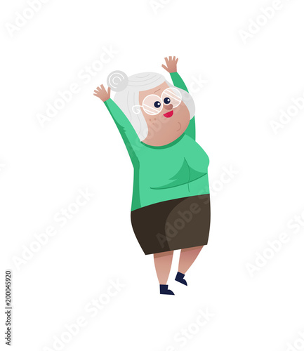 Old woman with hands up character. Happy old people lifestyle isolated on white background vector illustration.