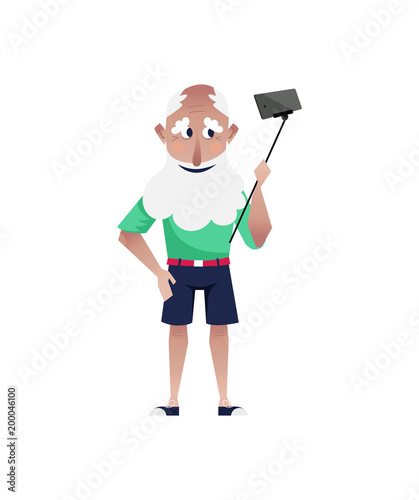 Bearded old man in shorts doing selfie character. Happy old people lifestyle isolated on white background vector illustration.