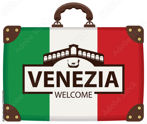 Vector travel banner with suitcase in colors of Italian flag with famous Ponte di Rialto and the gondola in Venice, Italy. The inscription Venice welcome