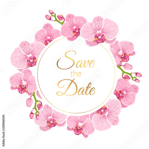 Wedding marriage event invitation save the date RSVP card template. Pink orchid phalaenopsis flowers round circle wreath vector design element isolated white background. Text placeholder shiny gold.