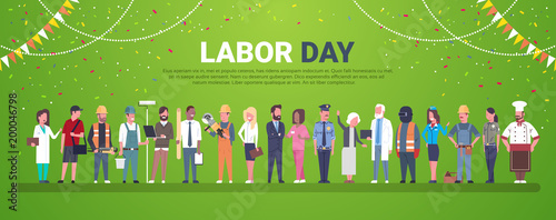 Labor Day Decoration Poster With People Of Different Occupations Over Template Background Flat Vector Illustration
