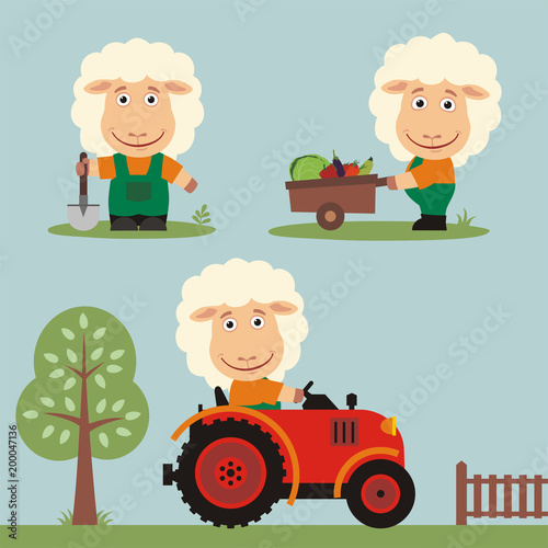 Set of funny sheep farmer with shovel, with wheelbarrow with vegetables, in farm tractor. Collection of sheep is working on the farm.