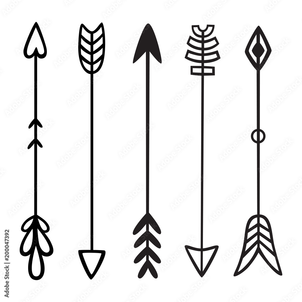 Black hand drawn doodles arrows. Set of hipster ethnic tribal vector elements. For print, poster, greeting card Black hand drawn doodles arrows. Set of hipster ethnic tribal vector elements. For print, poster, greeting card
