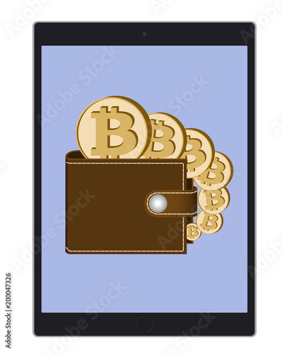 wallet with bitcoin coins on a tablet screen