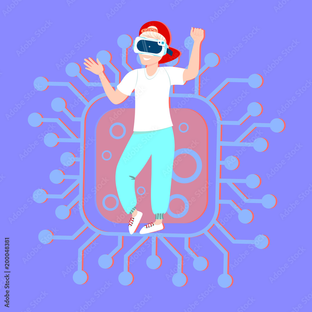 Man Wear Vr Glasses Over Circuit Background Modern Virtual Reality Technology Concept Flat Vector Illustration