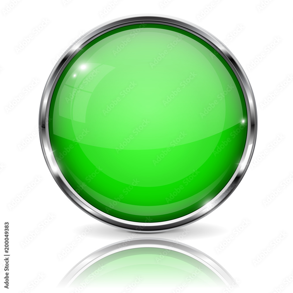 Glass green button. Round 3d button with metal frame. With reflection on white background Glass green button. Round 3d button with metal frame. With reflection on white background