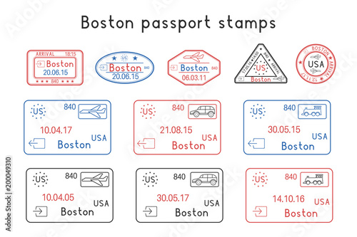 Passport stamps. Boston, USA. Arrival and departure by car, train, plane. Set of colored stamps