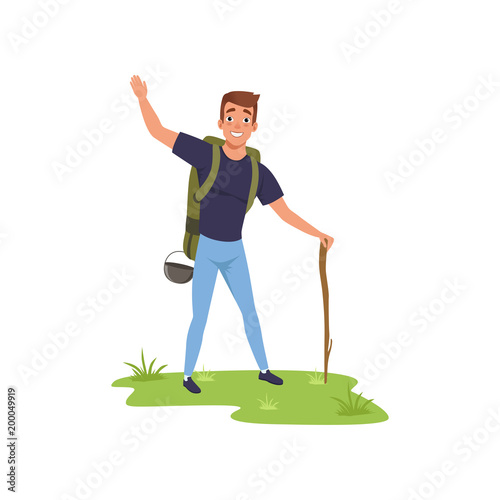 Smiling man standing with backpack and stuff, hiking tourist traveling, camping and relaxing, summer vacations vector Illustration on a white background