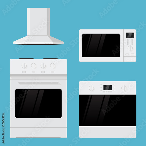 Home appliances. Flat design. Kitchen range, oven, microwave oven and air vent hood