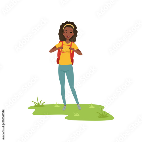 Beautiful african american woman standing with backpack, tourist traveling, camping and relaxing, summer vacations vector Illustration on a white background