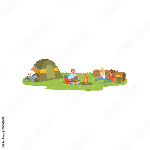 Friends sitting next the fire, enjoying camping, traveling and relaxing concept, summer vacations vector Illustration on a white background