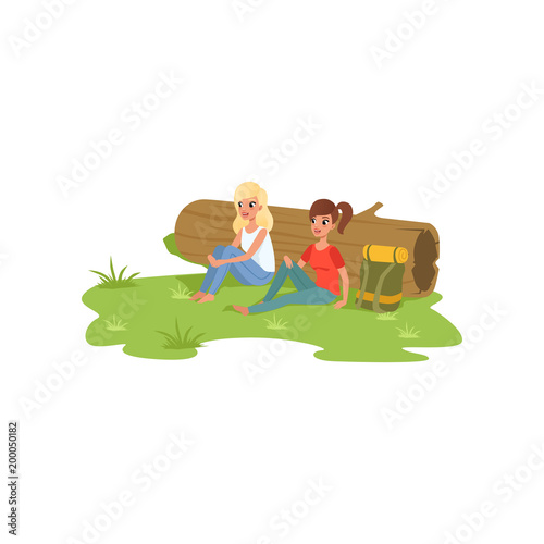 Two girls sitting near the log, traveling, camping and relaxing concept, summer vacations vector Illustration on a white background