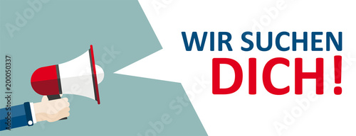 Flat Cartoon Hand mit Megafon mit Text Wir Suchen Dich