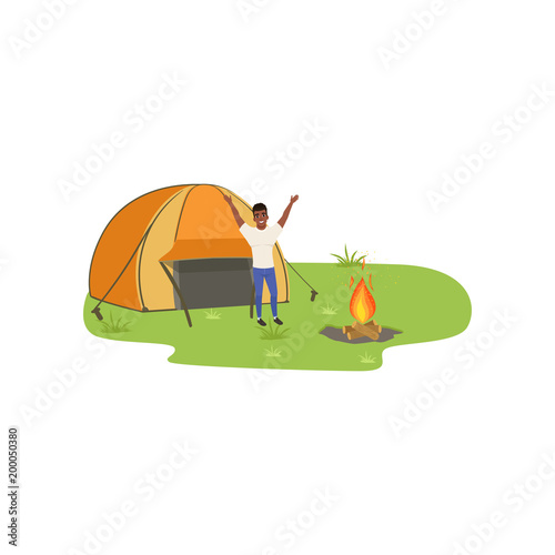 Man camping in nature with fire in front of the tent, traveling and relaxing concept, summer vacations vector Illustration on a white background