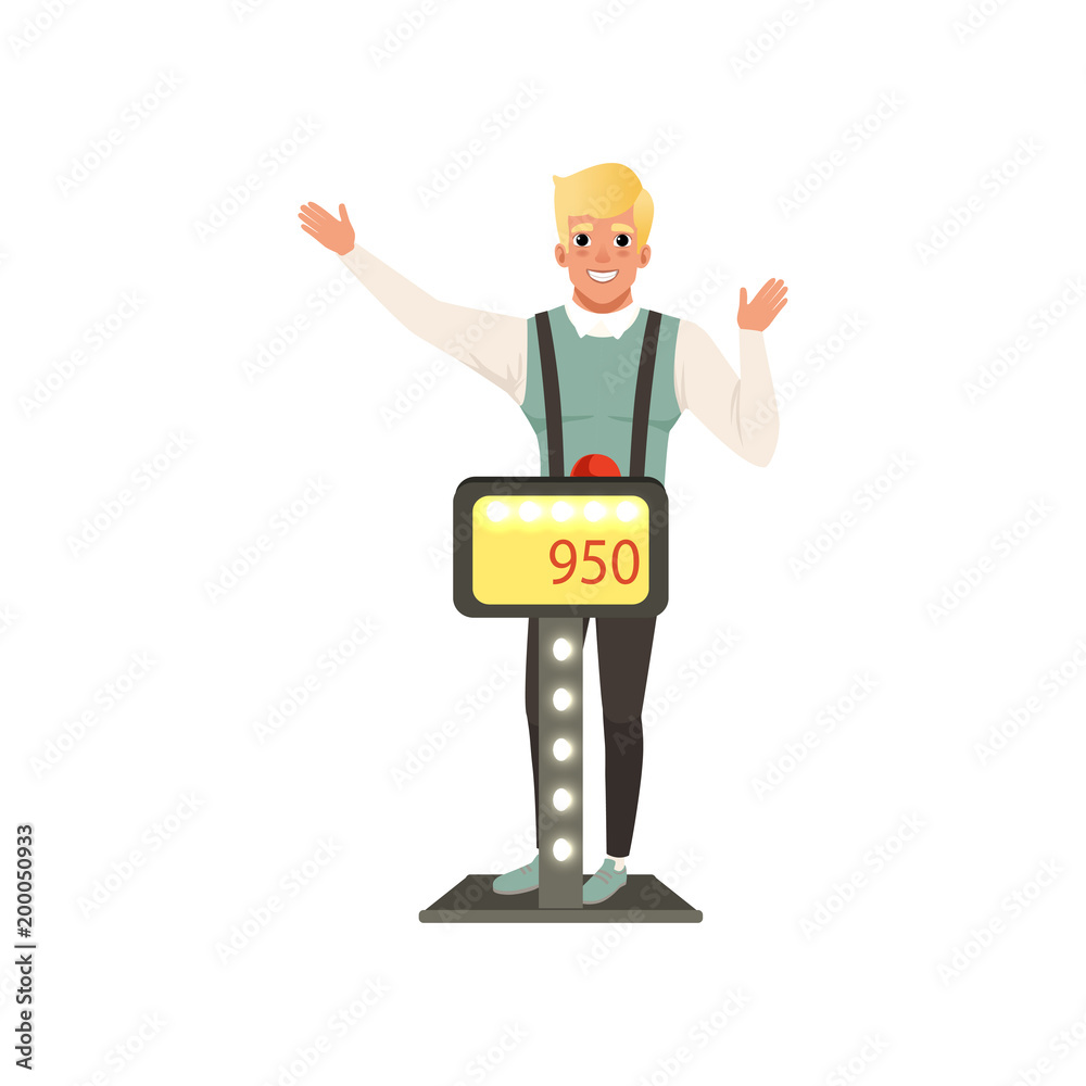 Smiling man taking part at quiz show, player answering questions standing at stand vector Illustration on a white background