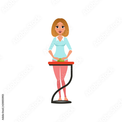 Young beautiful woman taking part at quiz show, player answering questions standing at stand pressing the button vector Illustration on a white background