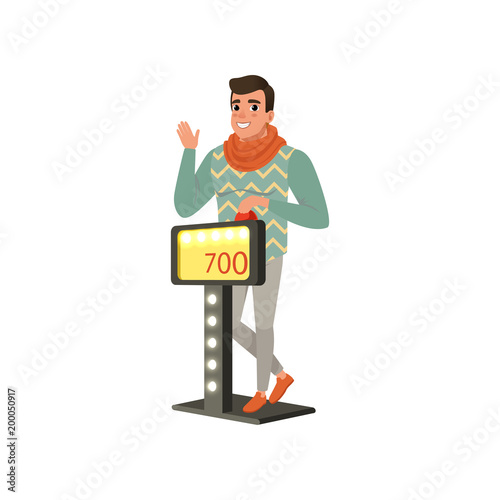 Young man taking part at quiz show, player answering questions standing at stand pressing the button vector Illustration on a white background