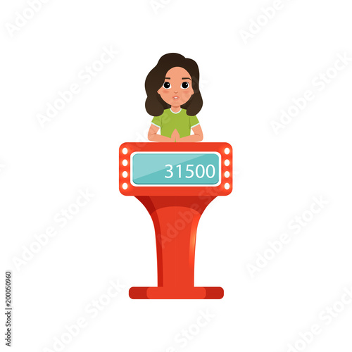 Cute girl taking part at quiz show, young player answering questions standing at stand with button vector Illustration on a white background