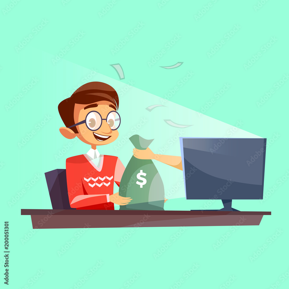 Teenager winning money in internet vector cartoon flat illustration. Young boy happy receiving dollars money bag from internet online casino lucky win fortune or giving money to rogue thief hand Teenager winning money in internet vector cartoon flat illustration. Young boy happy receiving dollars money bag from internet online casino lucky win fortune or giving money to rogue thief hand