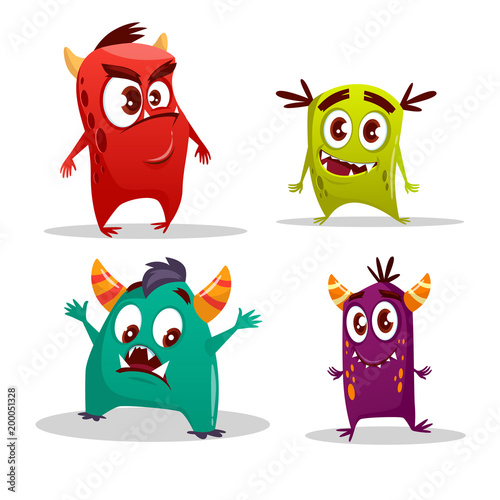 Vector cartoon cute monster set. Funny fantastic creatures with angry happy surprised emotions. Spooky alien colorful characters with horn spots. Comic cheerful beasts collection isolated illustration