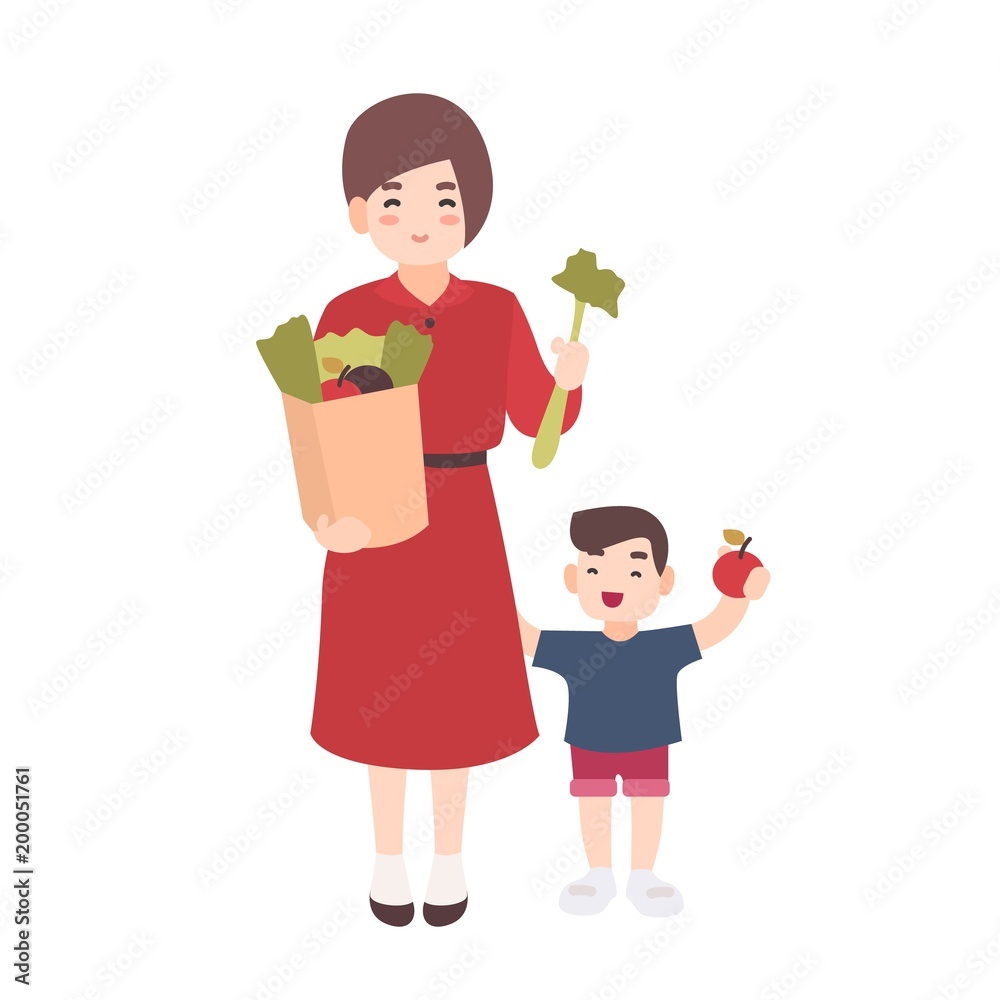 Happy mom and little son holding fruits and vegetables. Smiling mother and her child carry healthy food. Cute flat cartoon characters isolated on white background. Colorful vector illustration. Happy mom and little son holding fruits and vegetables. Smiling mother and her child carry healthy food. Cute flat cartoon characters isolated on white background. Colorful vector illustration.