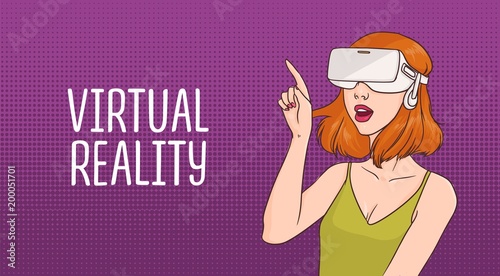 Horizontal banner with young redhead woman wearing virtual reality glasses ag...