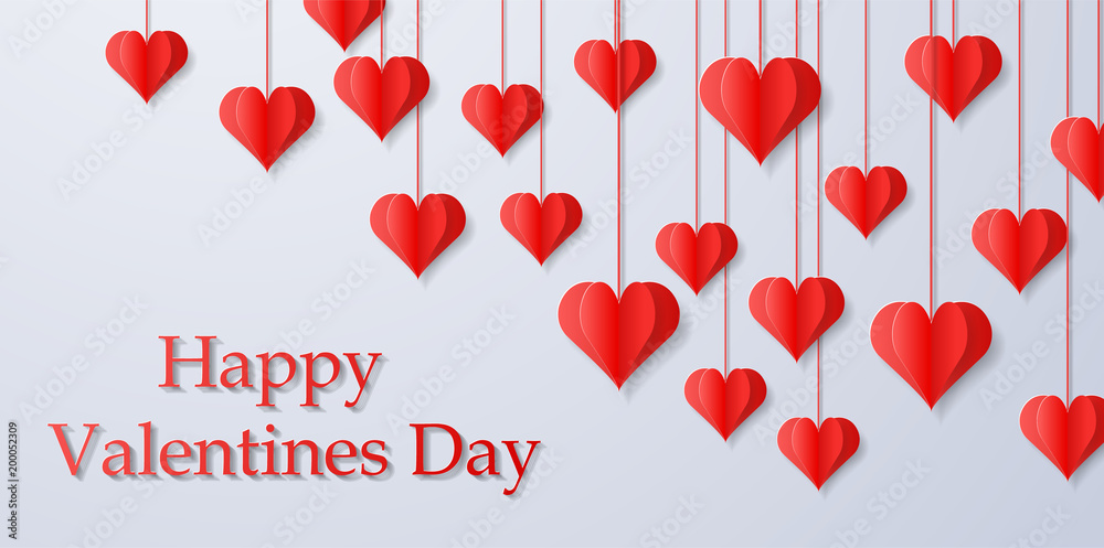 Happy Valentine's Day design for greeting card. Can be used on banners or web. 3D paper style. Heart hanging on a thread, inscription: Happy Valentines Day, pink background. Vector illustration.