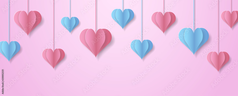 Happy Valentine's Day design for greeting card. Can be used on banners or web. 3D paper style. Heart hanging on a thread, inscription: Happy Valentines Day, pink background. Vector illustration.