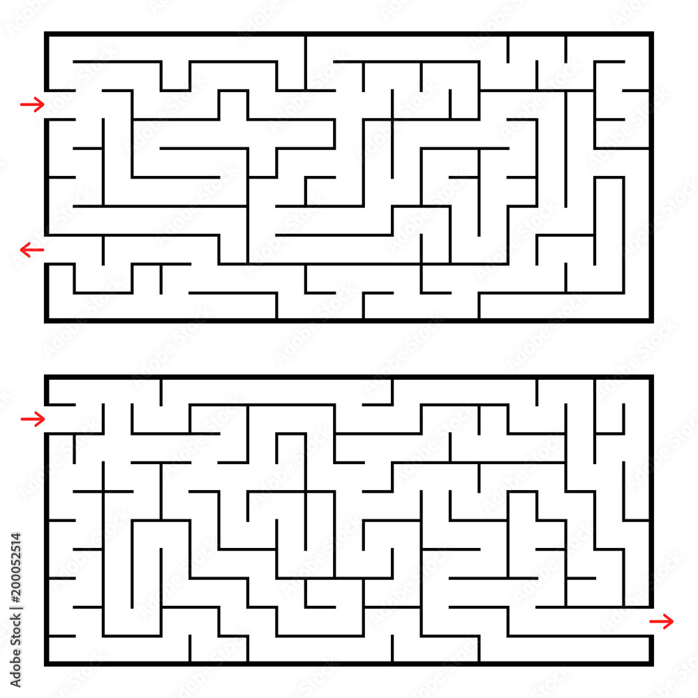 A set of two rectangular labyrinths. Simple flat vector illustration isolated on white background. Developmental game for children.
