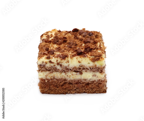 Chocolate and vanilla cake, pastry slice isolated on white background