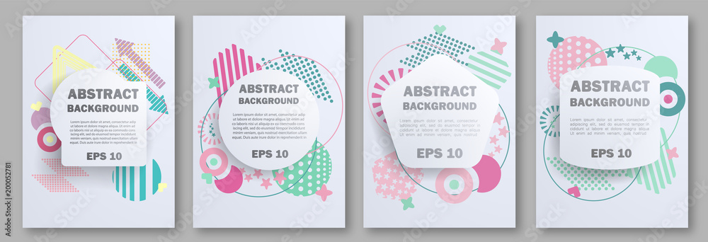 Geometric abstract pattern set with sharp forms, colors: triangles, circles, points, modern elements. Can be used on flyers, web, geometric design, cover. Vector geometric abstract illustration.