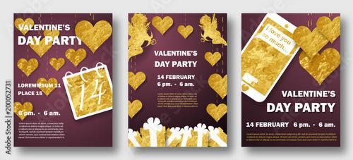 Happy valentine's day set. Gold vip design for greeting card. Luxsury style. Can be used on banners web. Heart hanging on a thread, inscription: Happy Valentines Day, background. Vector illustration.