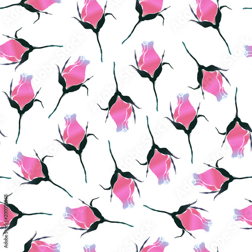 Seamless pattern with pink rosebuds. Rose flowers on a white background. Vector illustration.