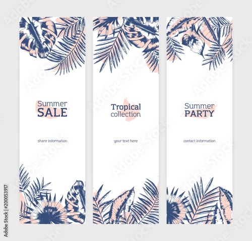 Collection of vertical flyer or banner templates with exotic palm tree leaves or foliage of tropical plants drawn with contour lines against stains on white background. Vector illustration.