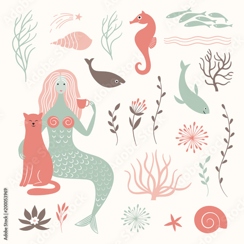 Graphic set, mermaid, cat, sea life elements