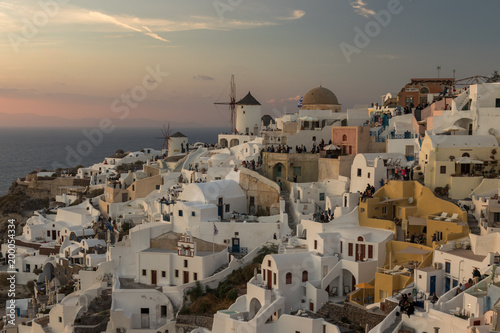 The view of epic village of Oia and the famous mills at Santorini