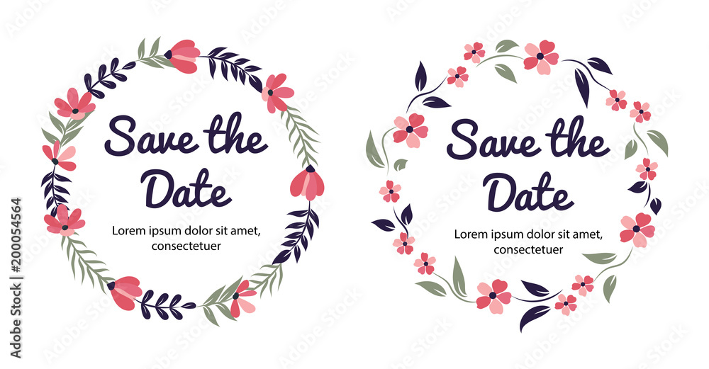 Save the date floral elements, laurels and flowers bouquets.