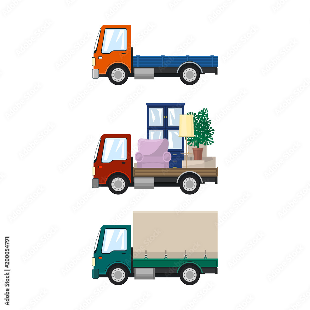 Set of Cargo Trucks Isolated, Orange Lorry without Load, Car with Furniture, Green Small Closed Truck, Transport and Logistics, Delivery Services, Vector Illustration